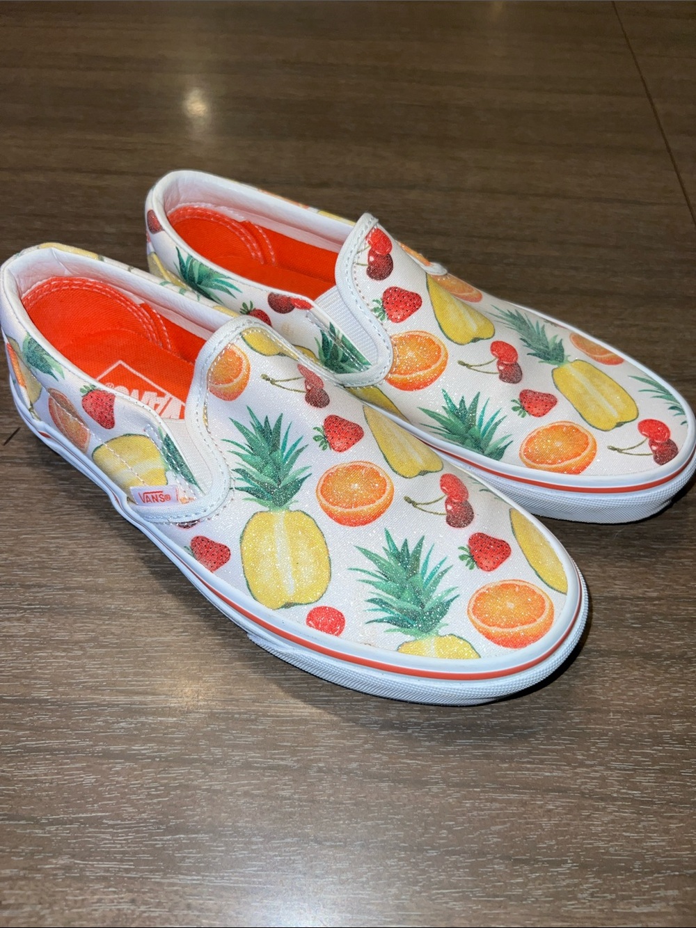 Vans Glitter Slip-On Sneakers in White with Fruit Print